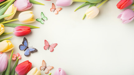 Colorful Spring Tulips and Butterflies. Flat Lay .