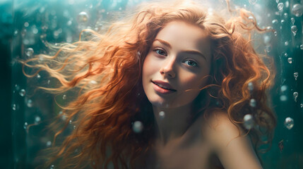 A young woman with red hair underwater