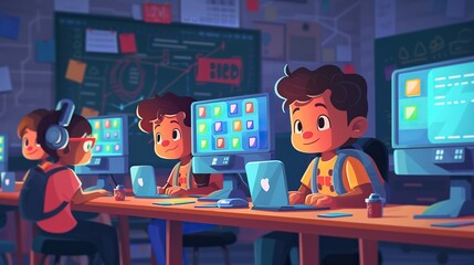 An animated illustration of enthusiastic children engaged in interactive computer learning activities in a classroom setting.