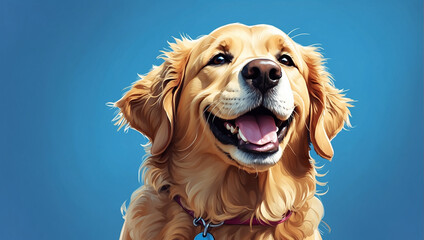 Portrait of smiling golden retriever on blue background. Copy space