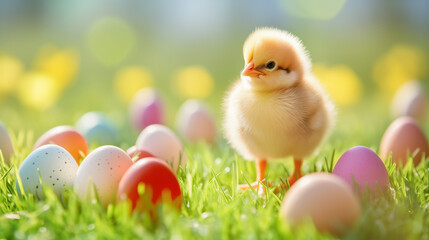 Happy Cute Easter Egger chick with colorful eggs and green grass.