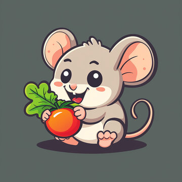 Cute cartoon mouse with a tomato on a dark background. Vector illustration.