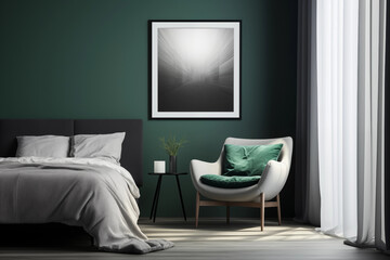 dark modern bedroom with green wall and small white chair