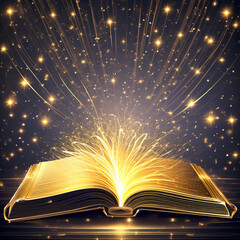 Open magic book with rays of light on dark background. Online education