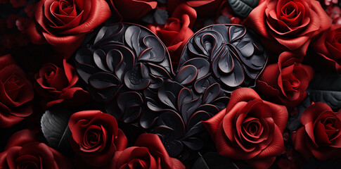 dark gothic heart and red roses background banner for valentine