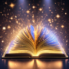 Open magic book with rays of light on dark background. Online education