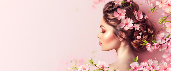 Portrait of woman with spring flowers in hair on light pink background, Womens Day