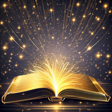 Open magic book with rays of light on dark background. Online education