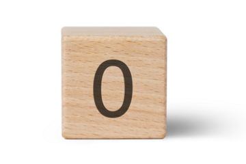 A single wooden block prominently displays a black number zero, isolated cutout from background.