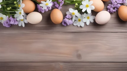 Deurstickers Easter background featuring eggs and spring flowers on woon background. © TV24