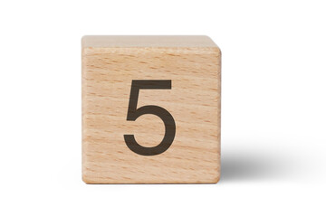 A single wooden block prominently displays a black number five, isolated cutout from background.