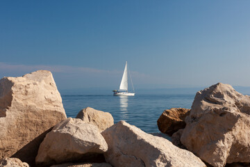 Sailing boat on Adriatic Sea, seen from Piran coast, Slovenia - 731973963