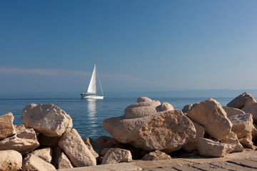 Sailing boat on Adriatic Sea, seen from Piran coast, Slovenia - 731973988