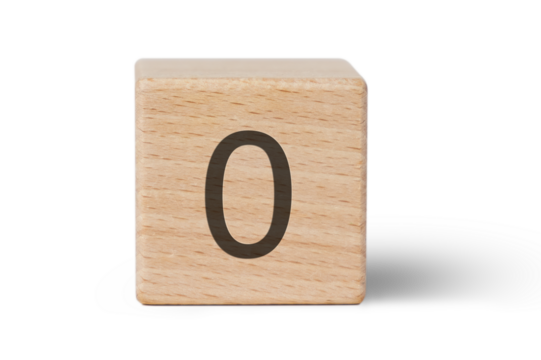 A single wooden block prominently displays a black number zero, isolated cutout from background.