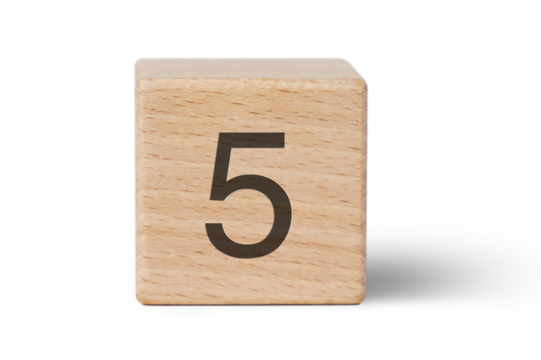 A single wooden block prominently displays a black number five, isolated cutout from background.