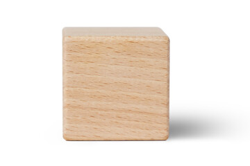 A plain blank wooden cube block shape stands upright, displaying a clean and unmarked surface....