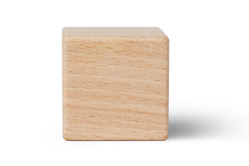 A plain blank wooden cube block shape stands upright, displaying a clean and unmarked surface. Isolated and cutout from background in png.