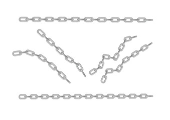 Free metal chain with whole or break steel chrome links. Collection of seamless metal chains colored silver. Vector