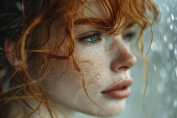 portrait of a beautiful redhead young woman with freckles, green eyes and rain drops at her pretty face. Autumn season. Awesome people