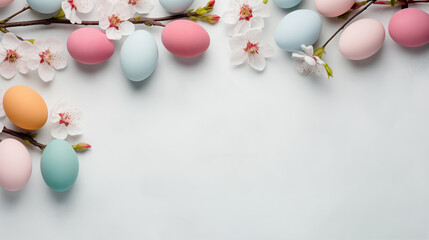 Obraz premium Easter background with colorful eggs and almond branches in spring flowers, top view,.