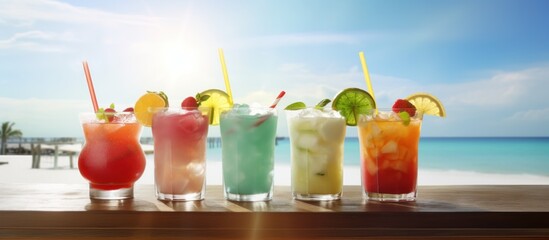 Tropical fresh drinks on sea background.