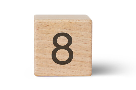 A single wooden block prominently displays a black number eight, isolated cutout from background.