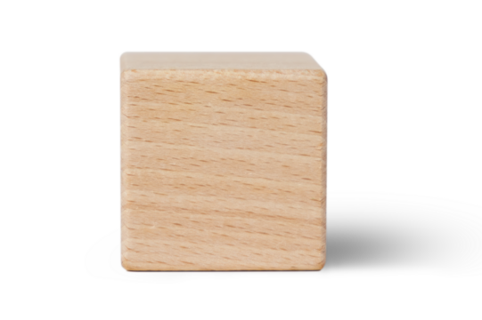 A plain blank wooden cube block shape stands upright, displaying a clean and unmarked surface. Isolated and cutout from background in png.