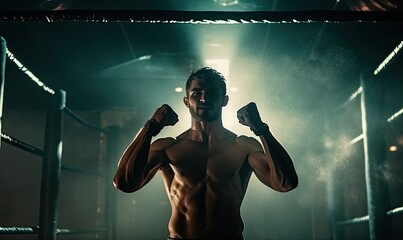 Fototapeta na wymiar Shirtless Man Standing in Boxing Ring