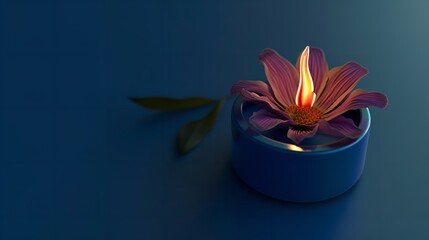 Burning Blue Candle with Flower on Blue Backgr