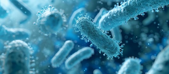 A cluster of organisms, resembling bacteria, drifts in a mesmerizing azure liquid.