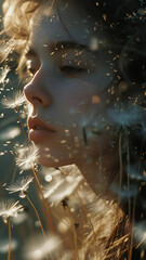 portrait of a beautiful young woman, girl with freckles, green eyes walking in dandelion field at sunset. Summer season. Awesome people