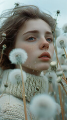 portrait of a beautiful young woman, girl with freckles, green eyes walking in dandelion field at sunset. Summer season. Awesome people