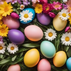 Fototapeta na wymiar Happy Easter. Congratulatory easter background. Easter eggs and flowers