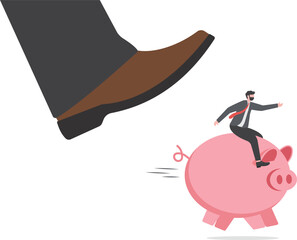 Businessman riding a piggy bank to escape crisis and business troubles. management and savings concept

