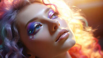 portrait of a woman in carnival mask. Rainbow face of young fun lady with colorful eyes, blue, purple, red. Creative glowing make up