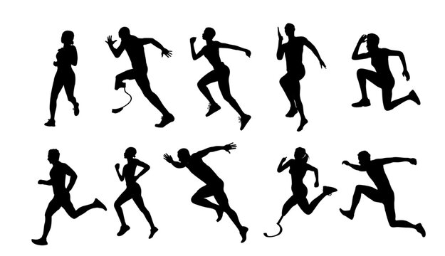 Silhouettes of Male and female athletes running. Healthy active lifestyle. Maraphon, Sprint, jogging, warming up. Sport, fitness design, black vector illustrations isolated on white background.