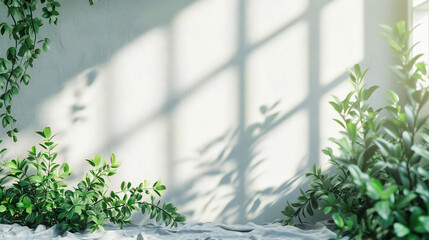 Abstract shadow patterns on a white wall, created by sunlight filtering through tropical plant leaves