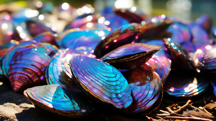 Close up of blue, pink, rainbow sea shells. Glowing texture. Creative art background