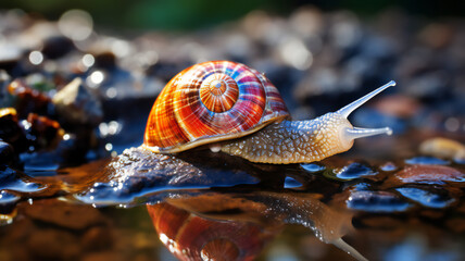 Close up of a rainbow, glowing snail on a leaf, shell on a black background against bokeh