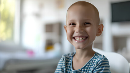 A child is smiling in a hospital bed, a cancer patient. Cancer Day.