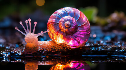 Close up of a rainbow, glowing snail on a leaf, shell on a black background against bokeh