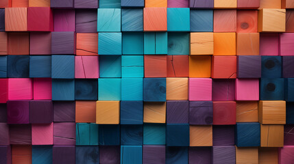 Colorful wooden blocks aligned. Wide format, generative AI.