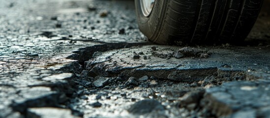 A detailed view of an automotive tire on a rough road, showcasing the texture of its tread and the ruggedness of the terrain.