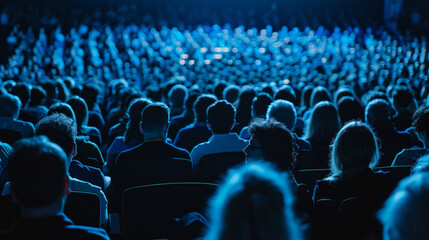 An audience is seated in a darkened room, facing a stage, highlighted by blue stage lighting, focusing on the event or presentation. - obrazy, fototapety, plakaty