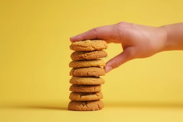 Stack of cookies picked up by a hand on a yellow background
