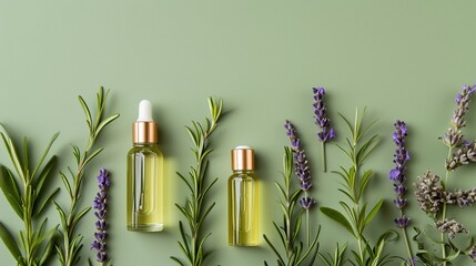 Flat lay composition with natural lavender essential oil on green background