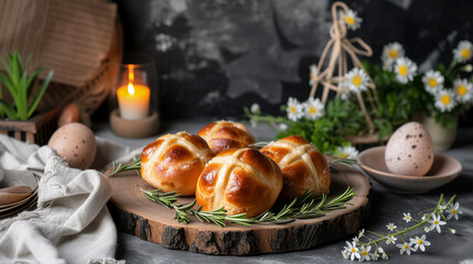 Beautiful rustic composition with British Easter dish Hot-cross buns, Easter eggs, herbs and flowers. 