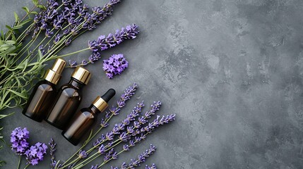 Flat lay composition with lavender flowers and natural cosmetic on dark grey background