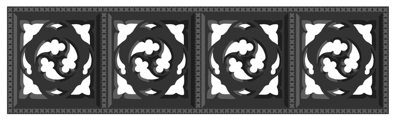 Gothic balustrade stylized drawing. Stone decorated wall illustration. Medieval ornamented railing.