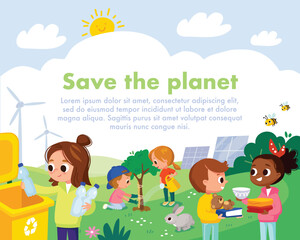 Eco friendly habits. Renewable energy from renewable resources. Wind turbines, solar panels. Children, kids pick up, collect garbage, litter and plant trees, plants. Environmental protection.